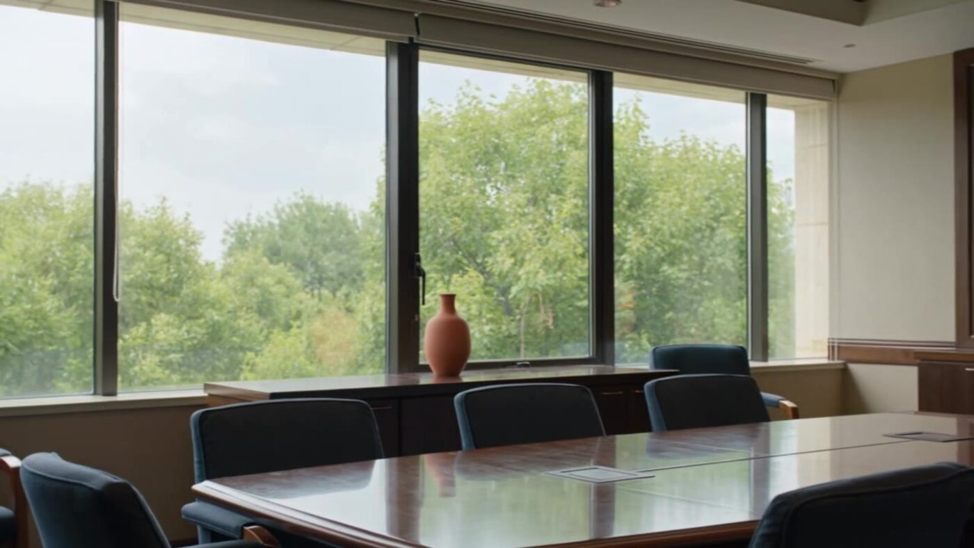 A conference room set for a working financial review