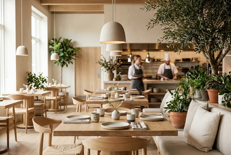 A restaurant dining room set for service
