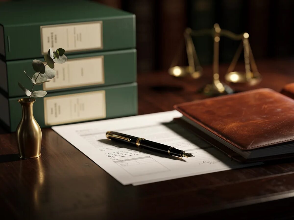 A bookkeeping desk with ledgers, statements and a pen