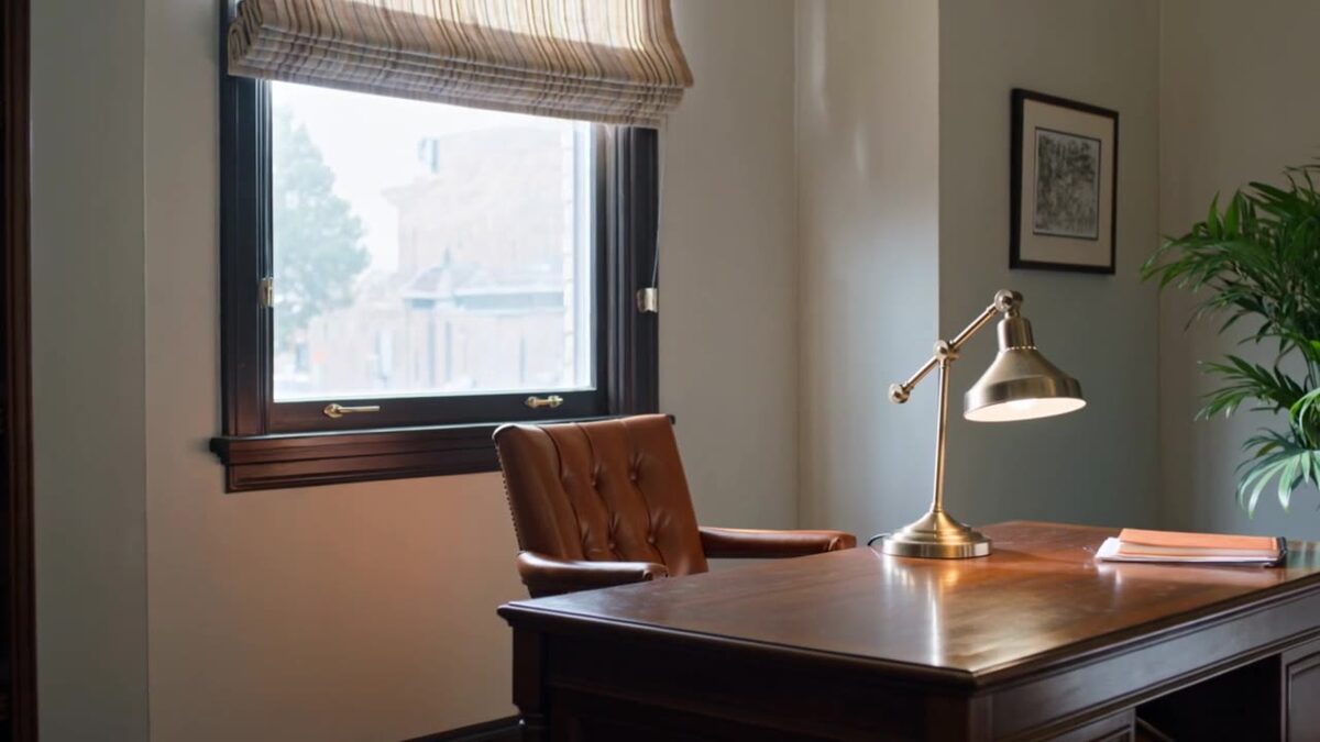 Morning light across a quiet professional office