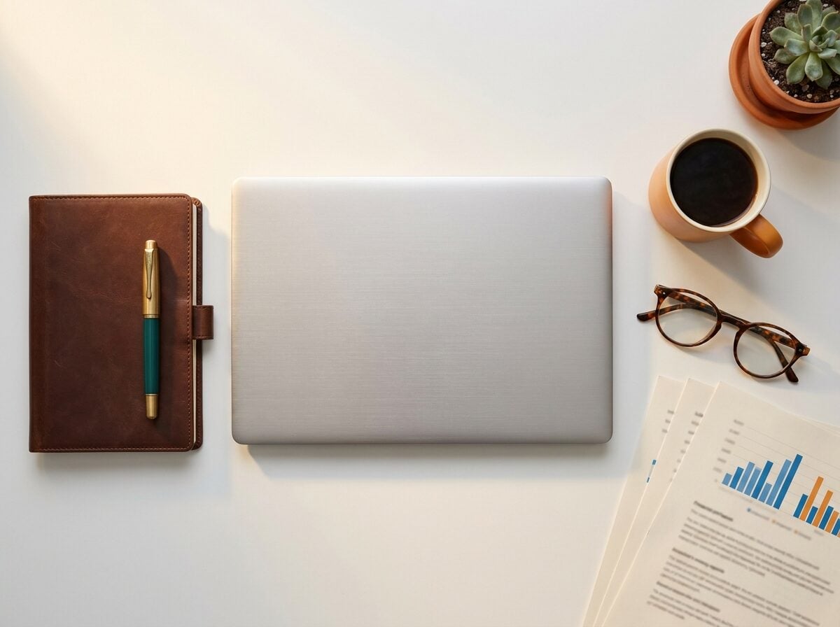 Monthly financial reports, a laptop, and planning notes on a desk